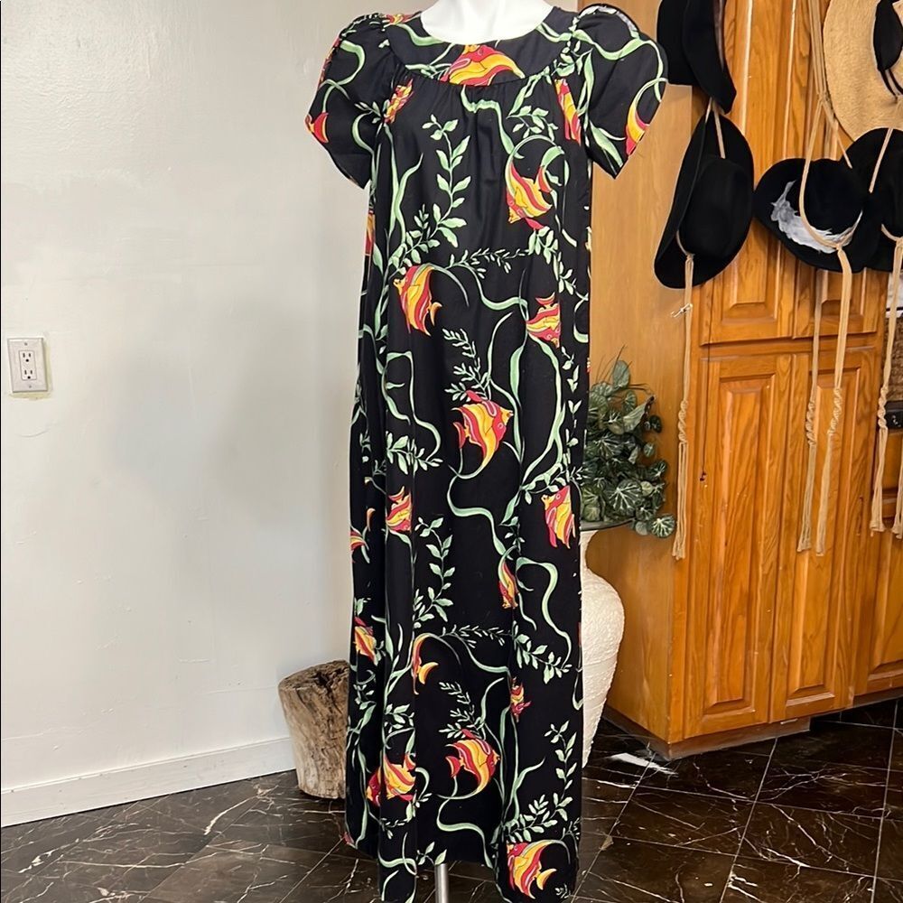 Hilo Hattie Black Maxi Dress with Colorful Fish Design